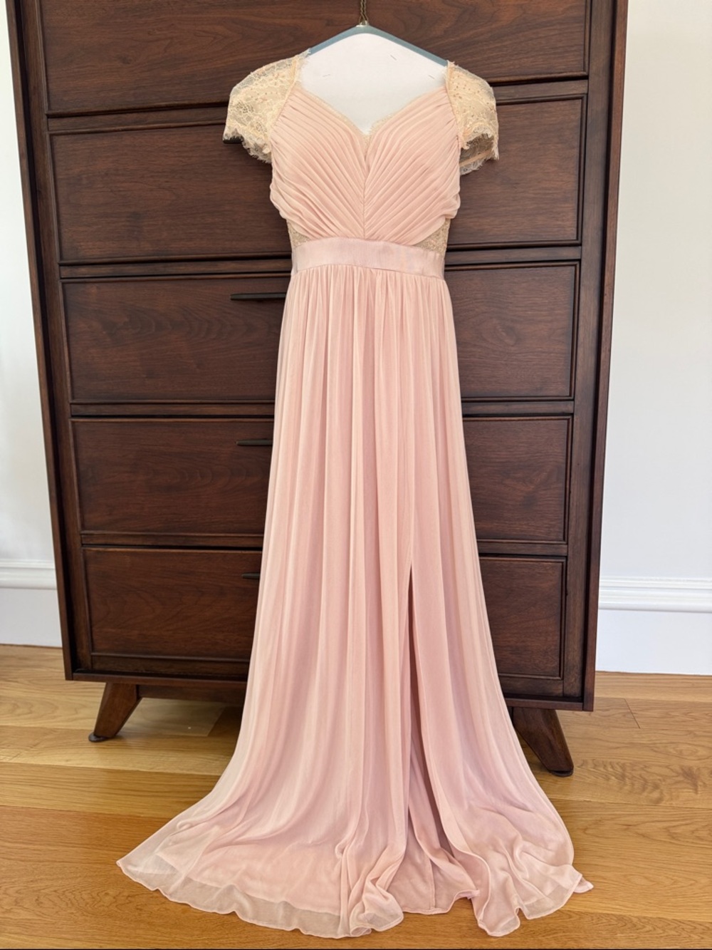 Adrianna Papell Blush Pink Chiffon Gown with Lace Cap Sleeves and back,2